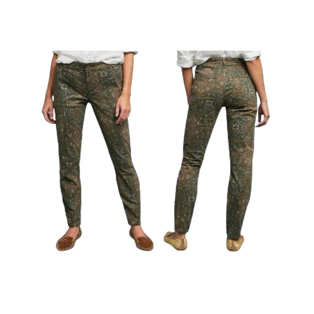 Anthropologie Women’s Green Aztec Print Chino Pants Size 29 Boho Casual Mid Rise